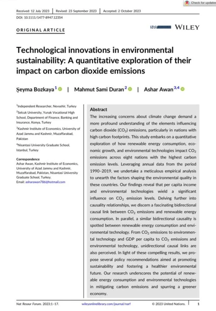 Doç. Dr. Mahmut Sami DURAN’ ın “Technological innovations in environmental sustainability: A quantitative exploration of their impact on carbon dioxide emissions” isimli makalesi